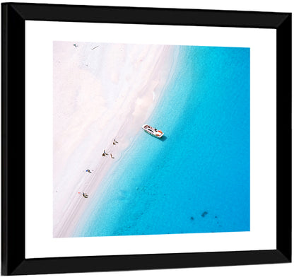 Aerial Beach Bay with White Boat Wall Art