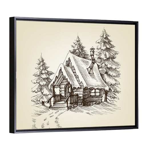 Winter Cabin Illustration Wall Art