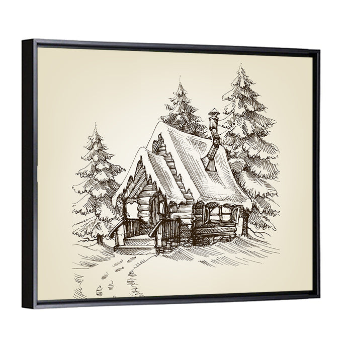 Snowy Log Cabin Illustration Wall Art as a framed canvas