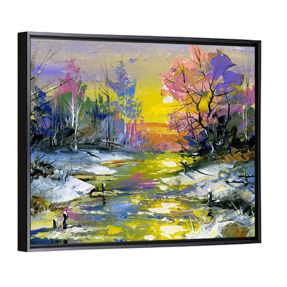Golden Sunset Over Snowy Stream Wall Art
