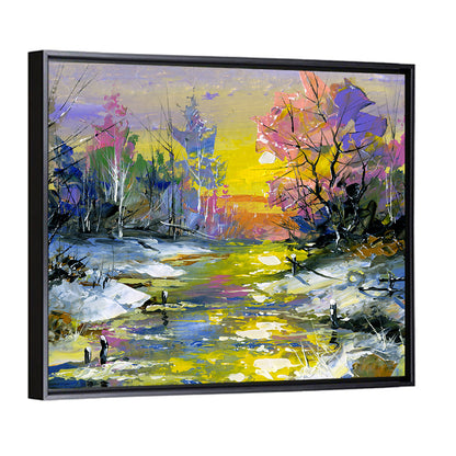 Golden Sunset Over Snowy Stream Wall Art