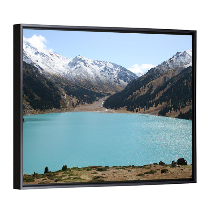 Big Almaty Lake Wall Art as a framed canvas
