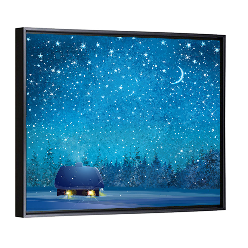 Winter Cottage Under Crescent Moon Wall Art