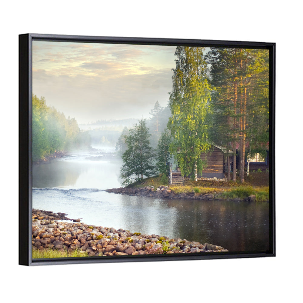 Misty River with Red Roof Cabin Wall Art
