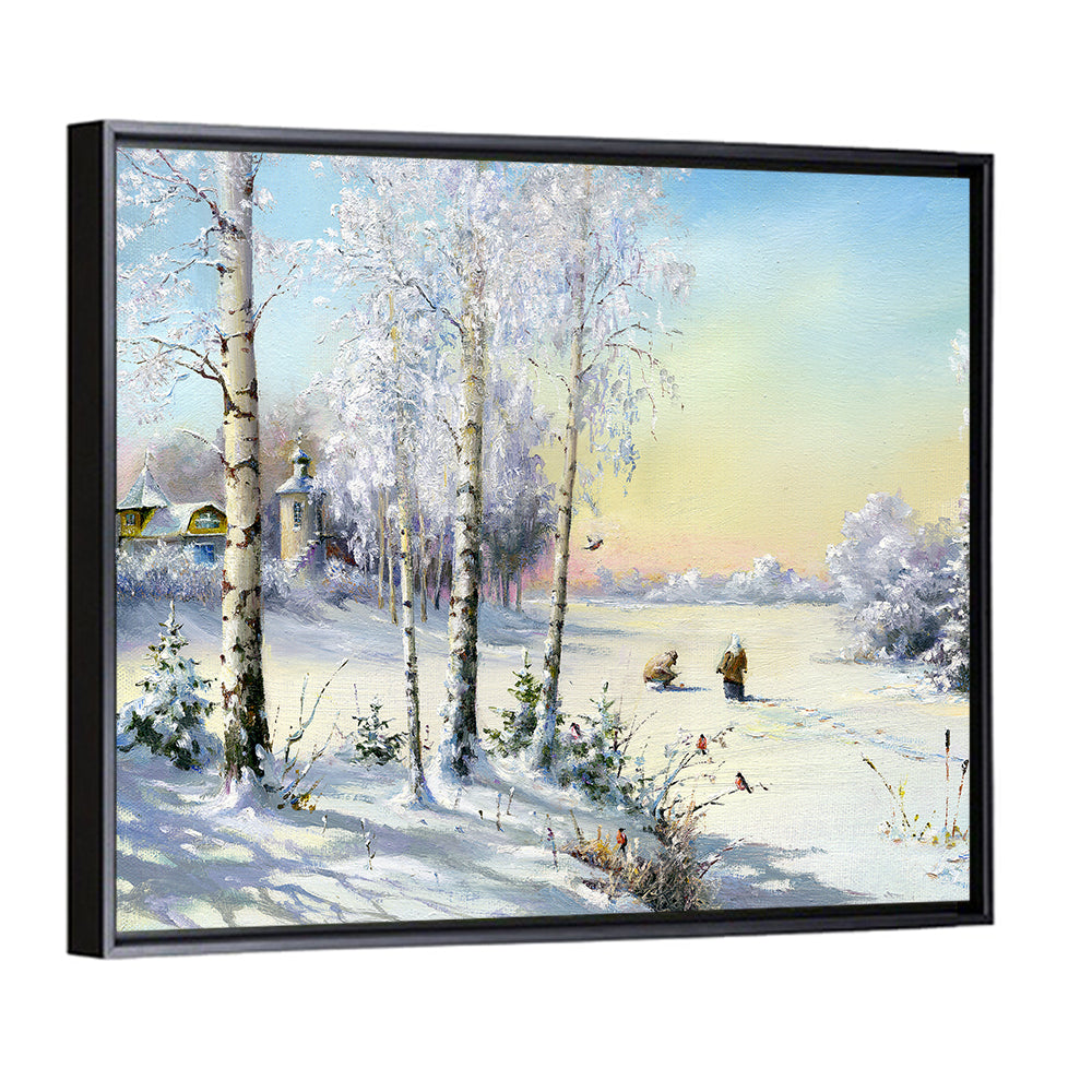 Birch-framed Winter Village Wall Art