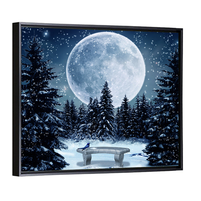 Full Moon Over Snowy Pines Wall Art as a framed canvas
