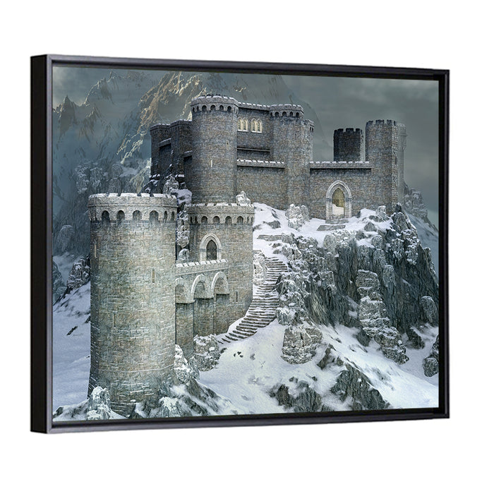 Snowy Medieval Castle Illustration Wall Art as a framed canvas