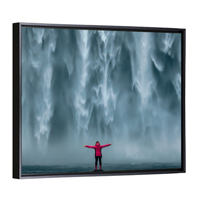 Skogafoss Waterfall with Figure in Pink Wall Art