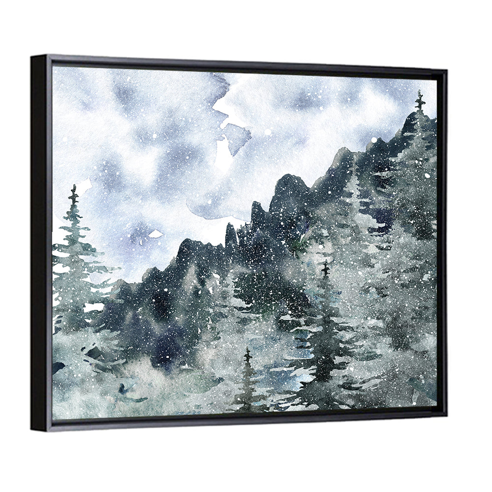 Snowfall Mountain Forest Illustration Wall Art