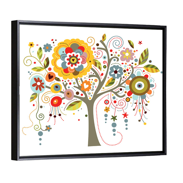 Whimsical Floral Tree Illustration Wall Art as a framed canvas
