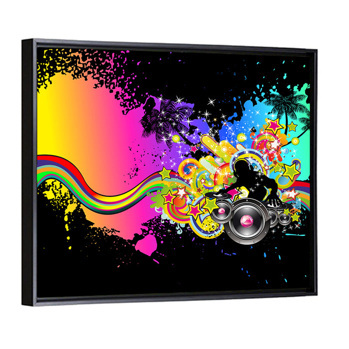 Neon Dj Silhouette Wall Art as a framed canvas
