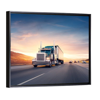 Semi Truck Highway Sunset Wall Art