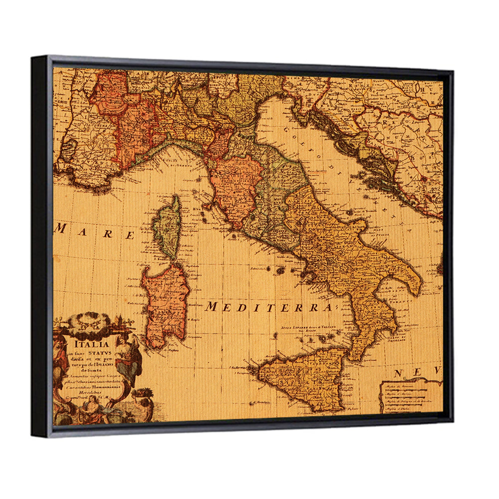 Antique Map of Italy with Ornate Cartouche Wall Art