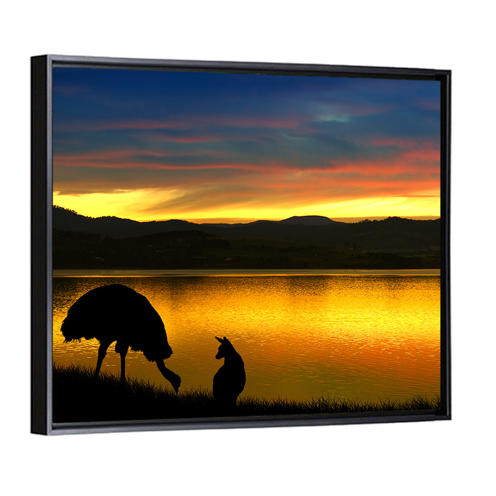 Kangaroo and Emu at Lake Sunset Wall Art
