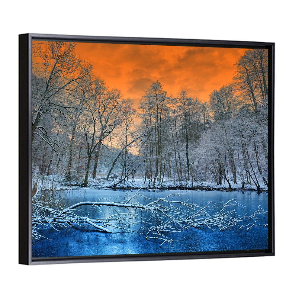 Sunset Over Winter Forest Lake Wall Art