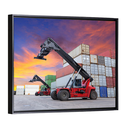 Red Reach Stackers at Sunset Wall Art