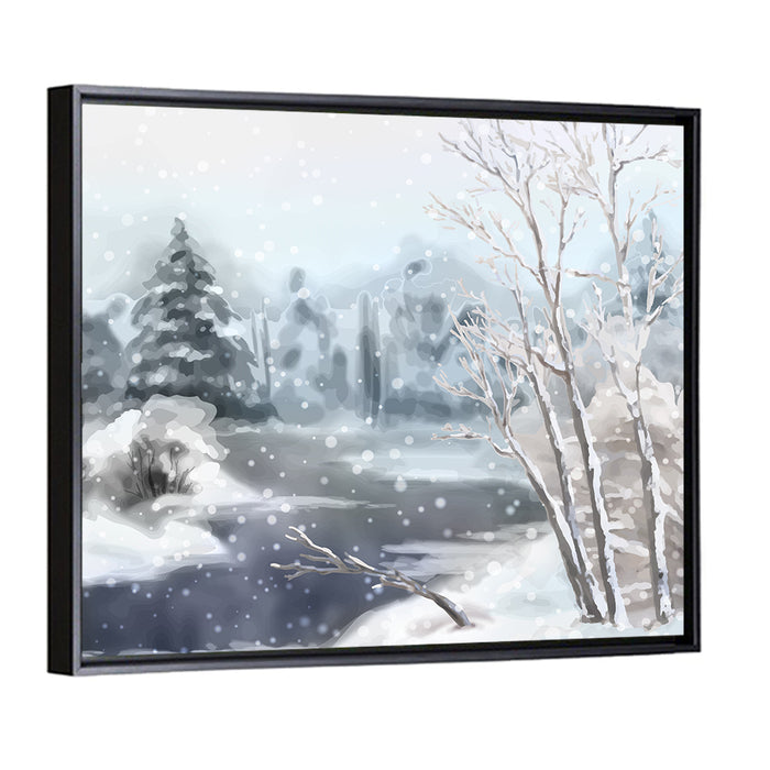 Snowy Stream in Winter Forest Wall Art as a framed canvas