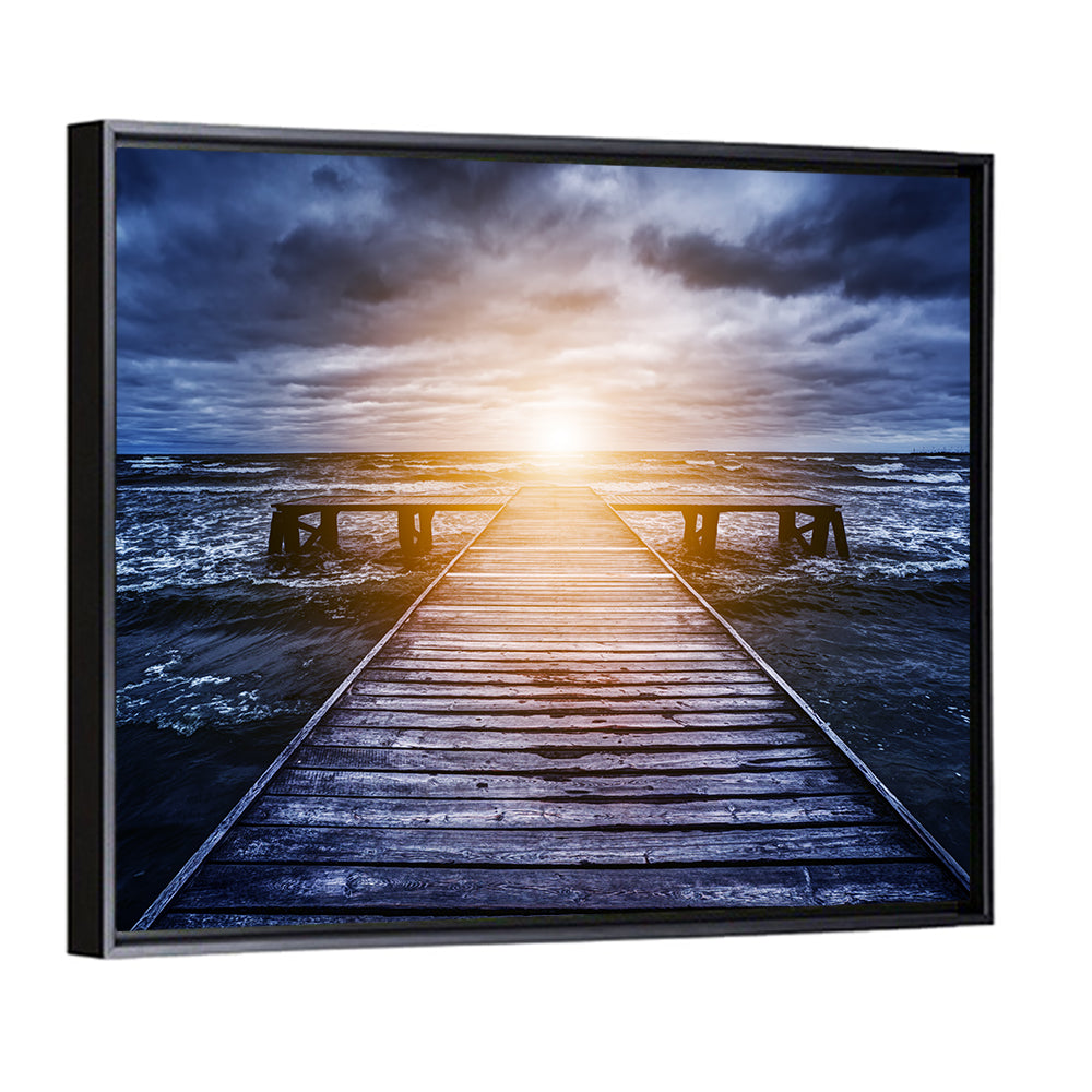 Sunlit Wooden Jetty at Dusk Wall Art