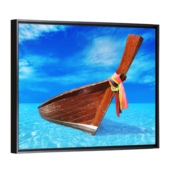Long-tail Boat in Blue Sea Wall Art as a framed canvas