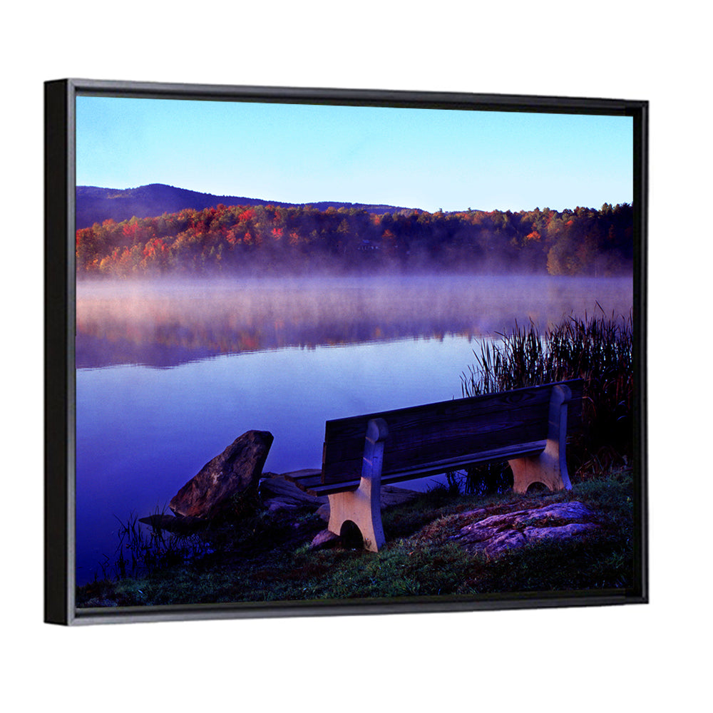Bench at Misty Lake Sunrise Wall Art