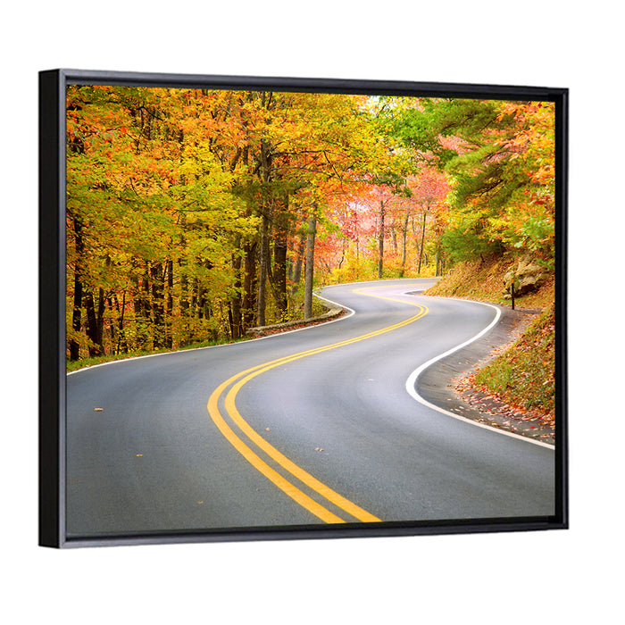 Winding Autumn Road Wall Art as a framed canvas