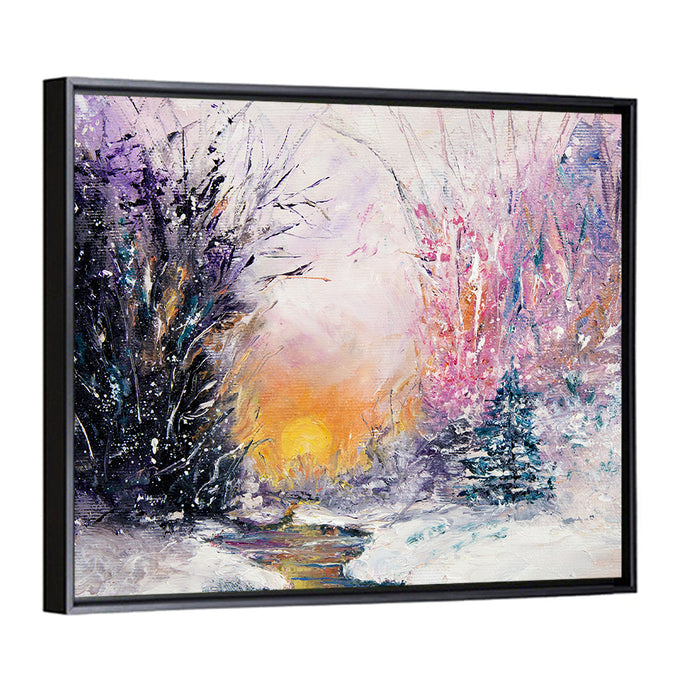 Golden Sunset Winter Stream Wall Art as a framed canvas