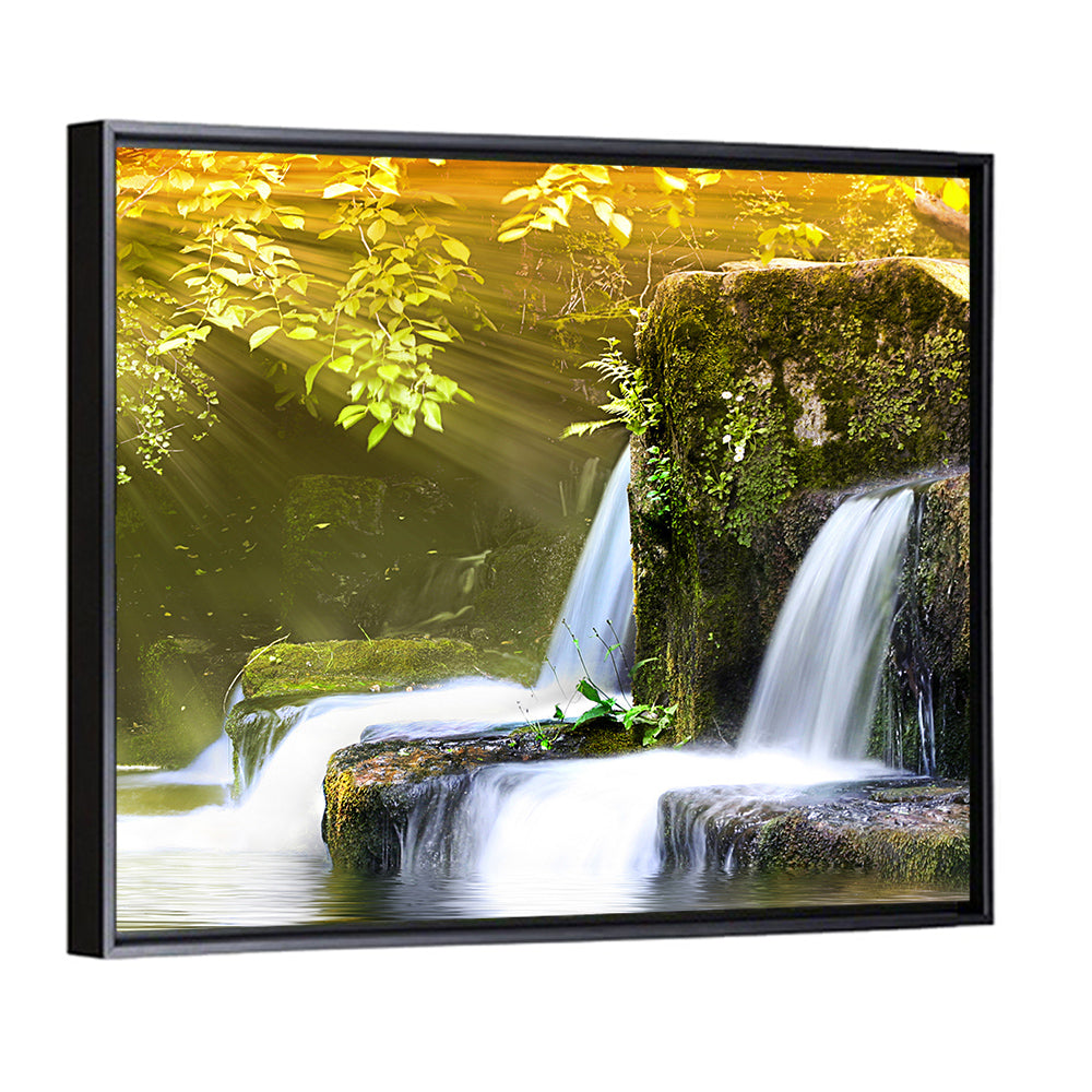 Sunlit Forest Waterfall Wall Art