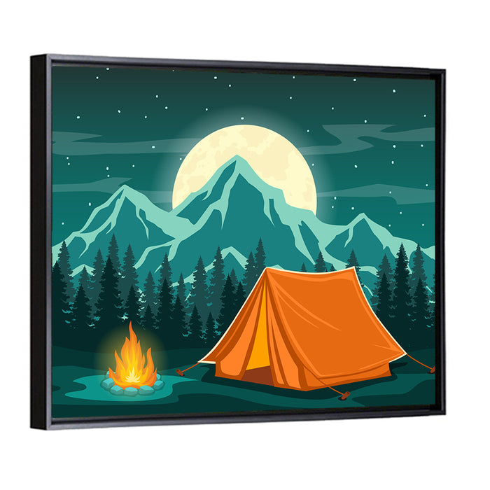 Moonlit Campfire Landscape Wall Art as a framed canvas