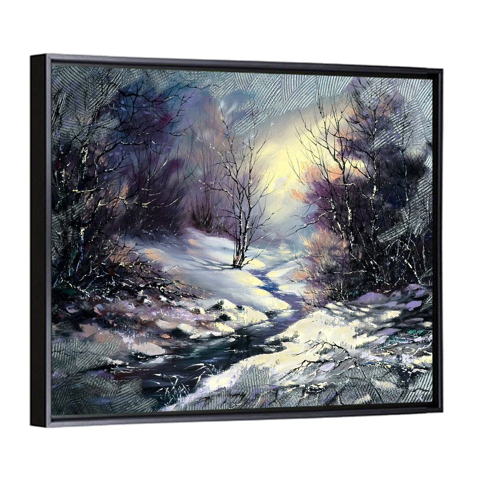 Sunlit Frozen Stream in Winter Forest Wall Art