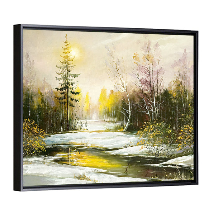Sunlit Winter River Landscape Wall Art as a framed canvas