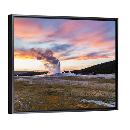 Old Faithful Erupting at Sunset Wall Art