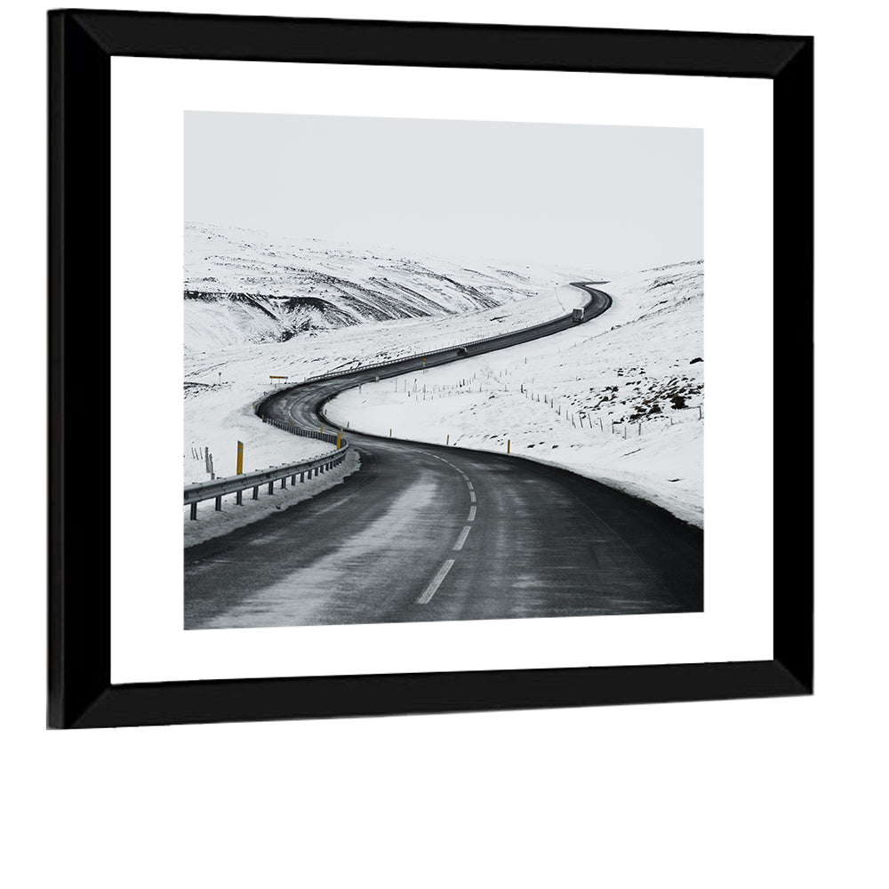 Winding Snow Road with Yellow Markers Wall Art