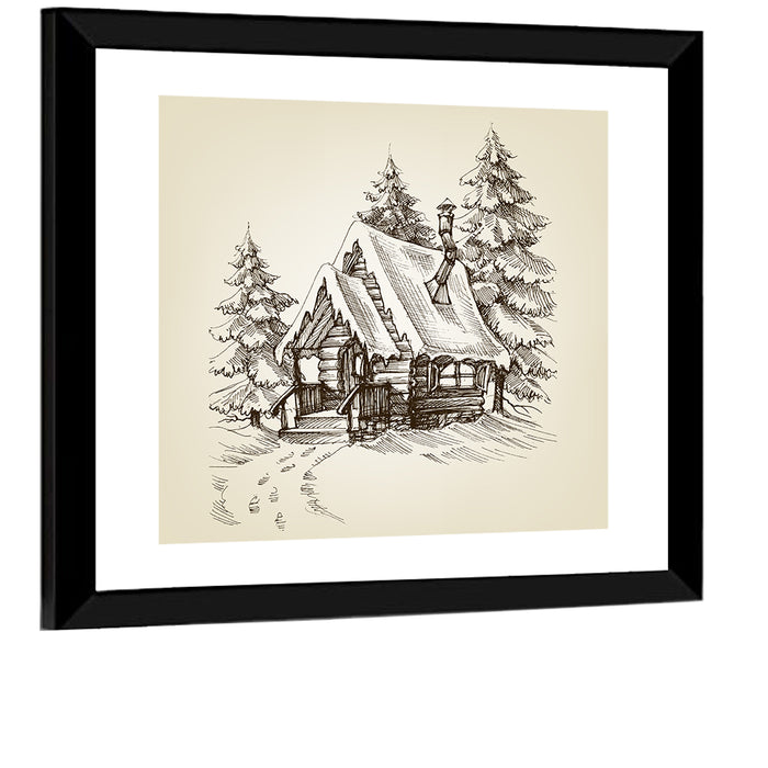 Snowy Log Cabin Illustration Wall Art as a framed print