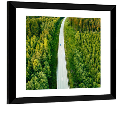 Blue Car on Forest Road Wall Art