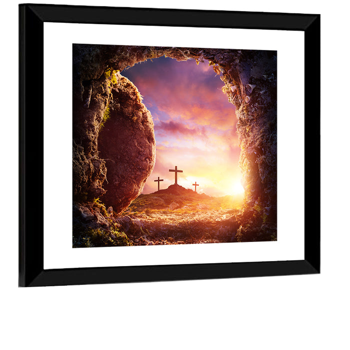 Three Crosses at Sunrise Wall Art as a framed print