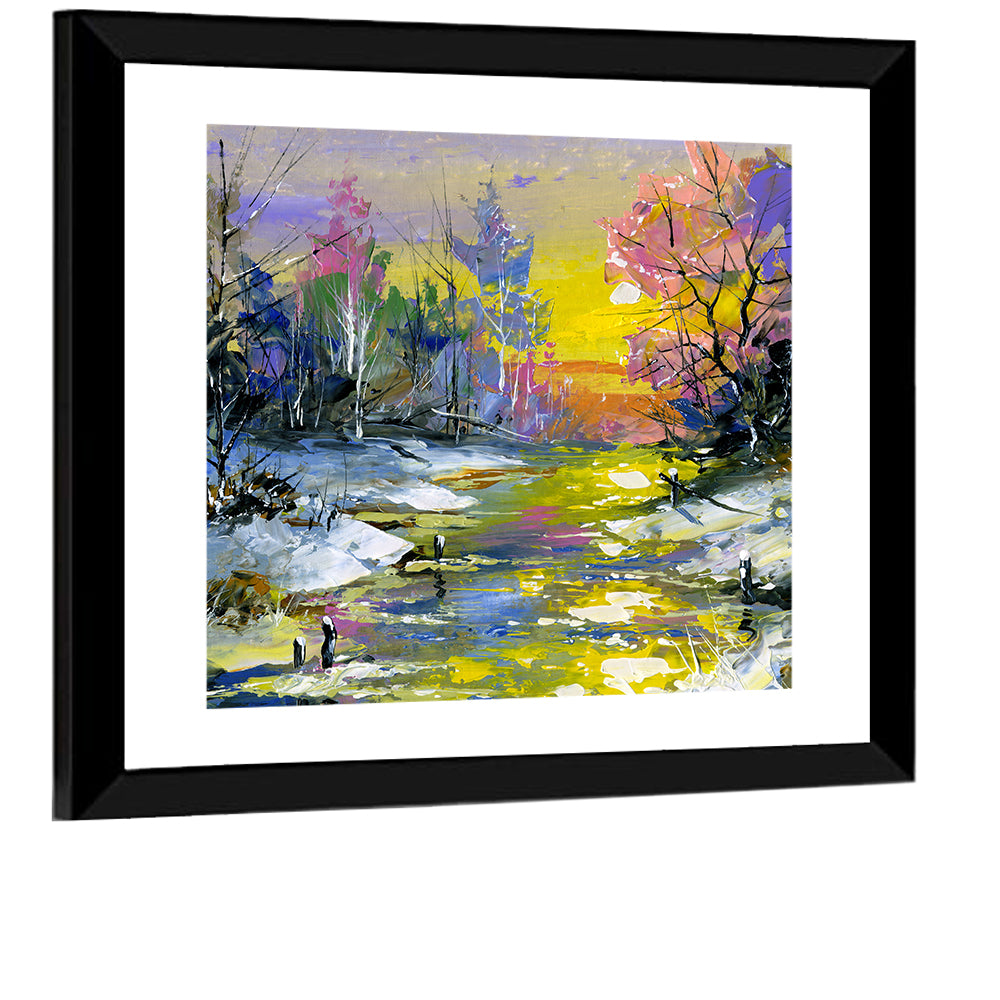 Golden Sunset Over Snowy Stream Wall Art