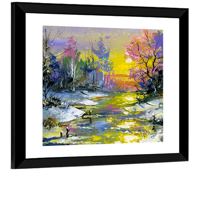Golden Sunset Over Snowy Stream Wall Art
