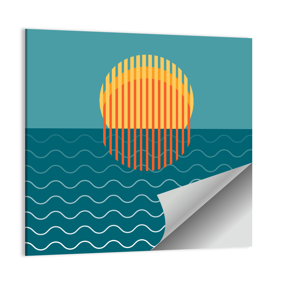 Teal Ocean Sunset Illustration Wall Art