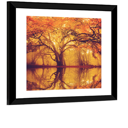 Golden Mist Forest Reflection Wall Art
