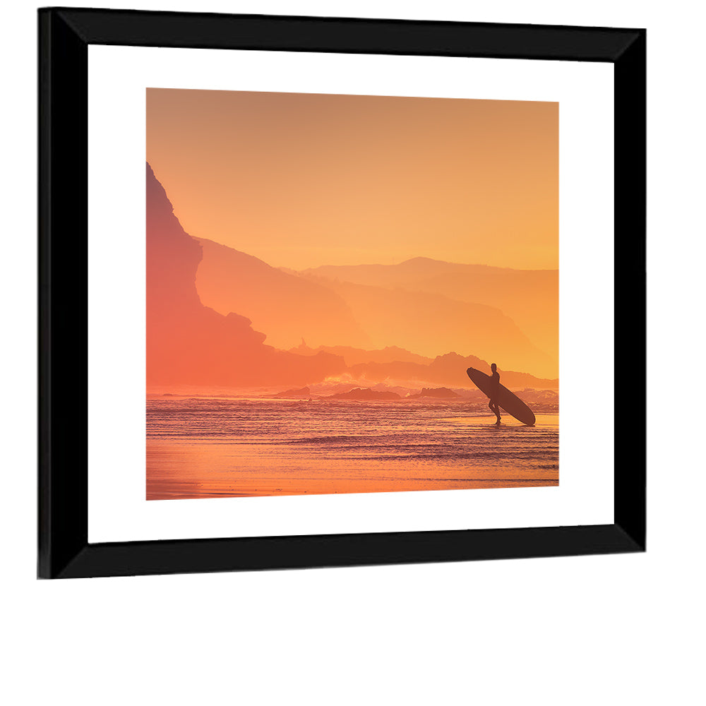 Surfer Silhouette at Golden Sunset Wall Art
