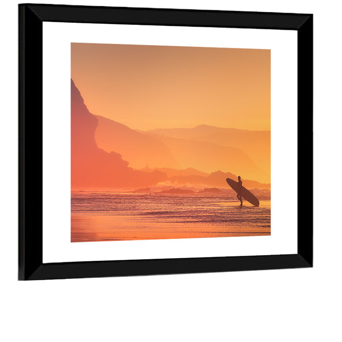 Surfer Silhouette at Golden Sunset Wall Art as a framed print