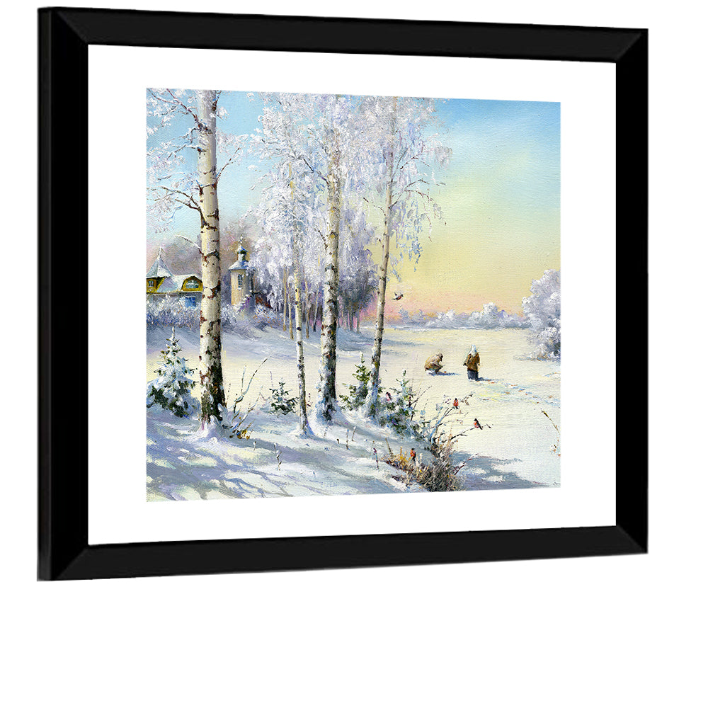 Birch-framed Winter Village Wall Art