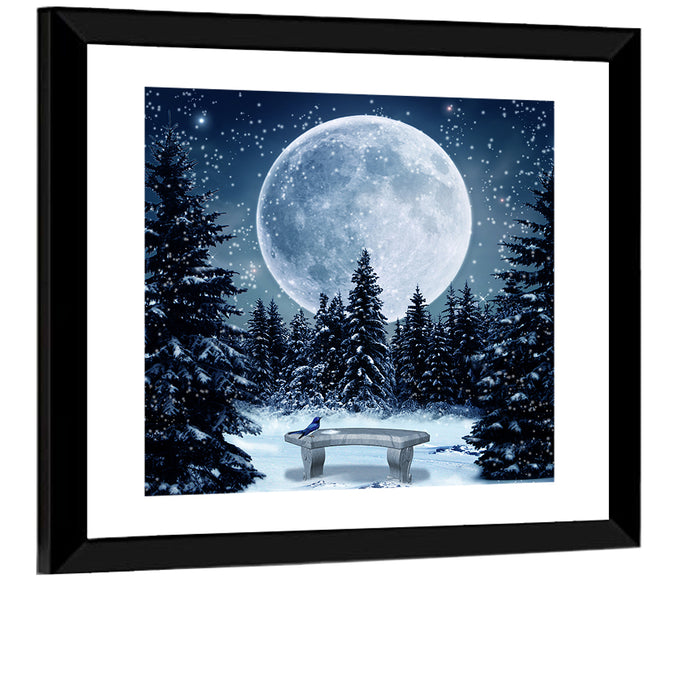 Full Moon Over Snowy Pines Wall Art as a framed print
