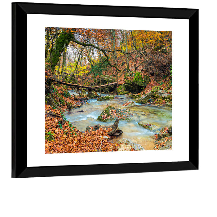 Mossy Footbridge in Autumn Forest Wall Art as a framed print