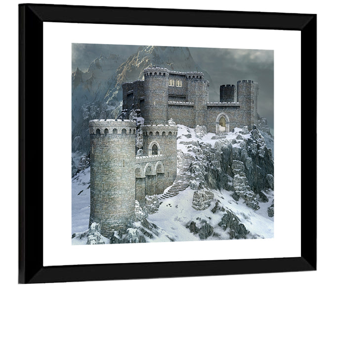 Snowy Medieval Castle Illustration Wall Art as a framed print