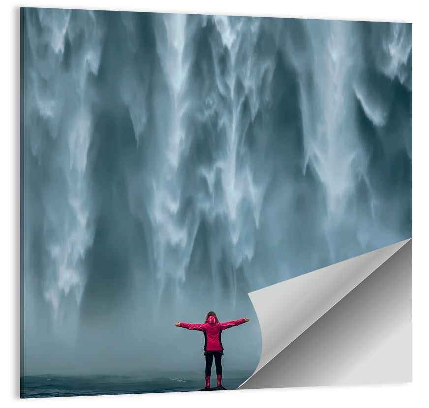 Skogafoss Waterfall with Figure in Pink Wall Art