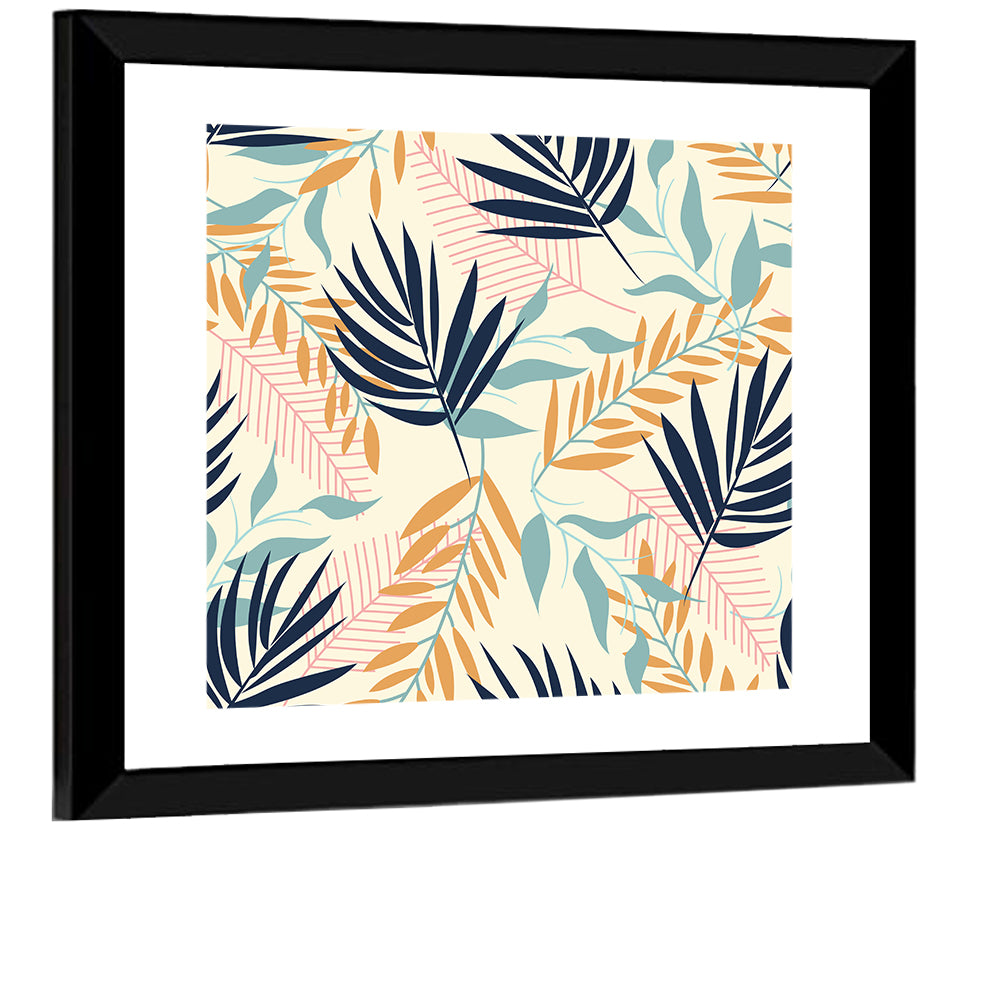 Cream and Navy Summer Leaves Pattern Wall Art