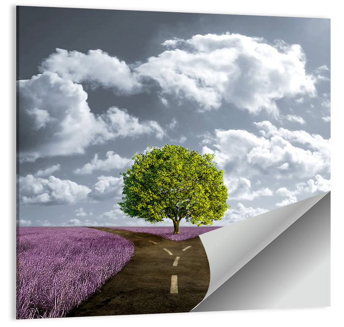 Lavender Field Crossroads with Lone Tree Wall Art as a poster print