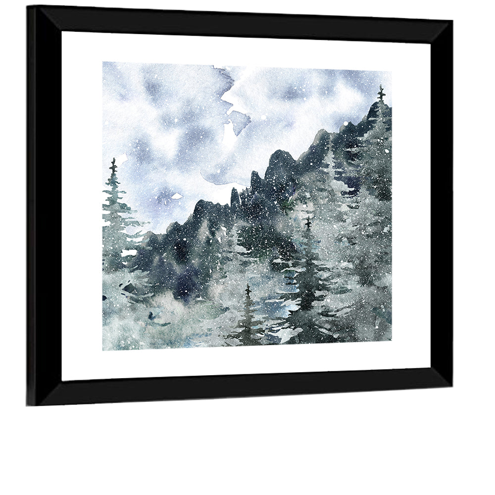 Snowfall Mountain Forest Illustration Wall Art