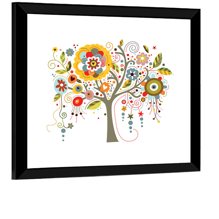Whimsical Floral Tree Illustration Wall Art as a framed print